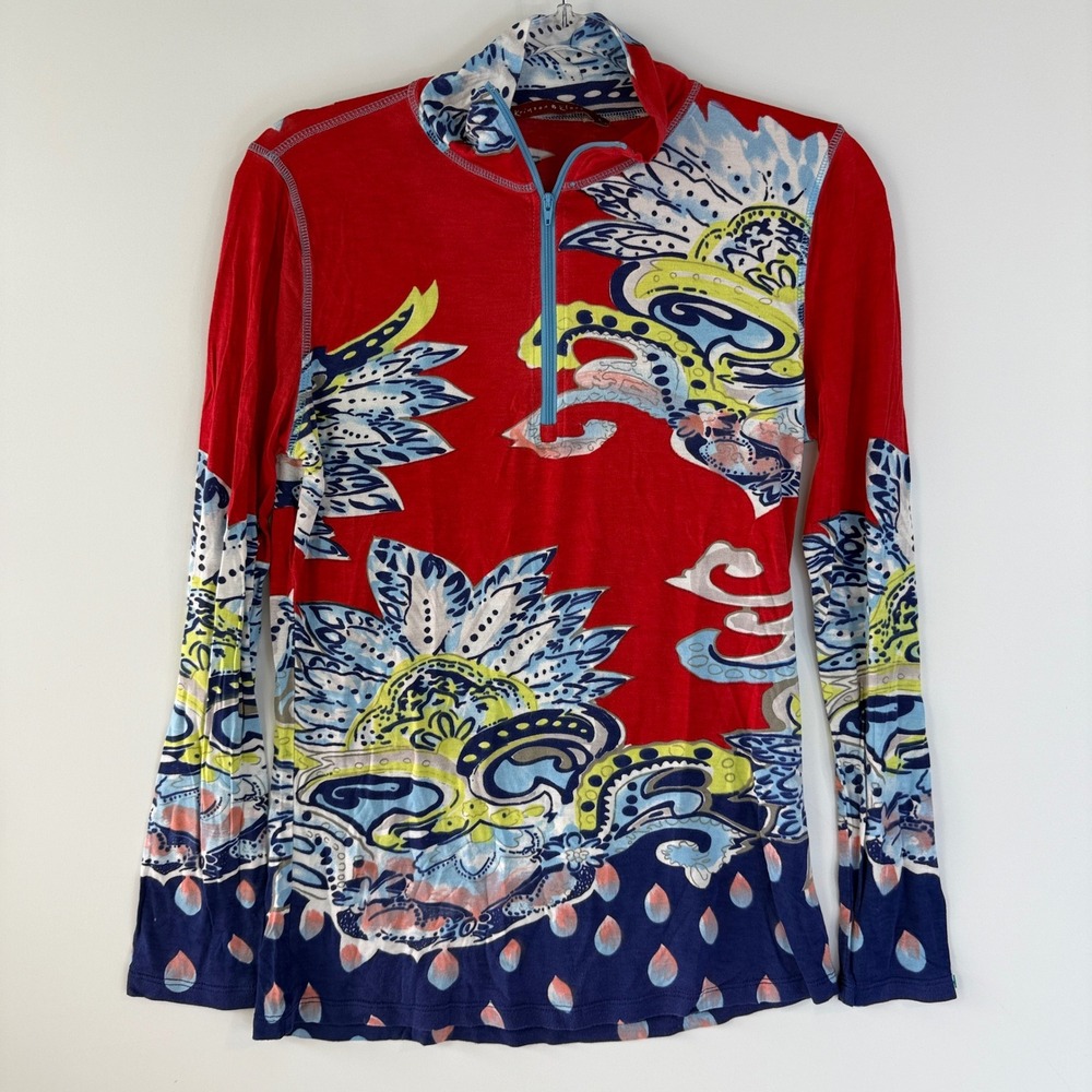 Krimson Klover Quarter Zip Top Womens Large Red Navy Floral Paisley Stretch